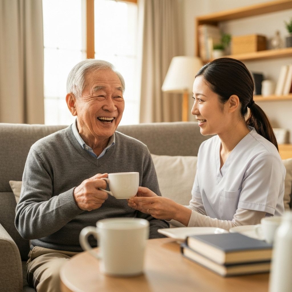 Elderly man with caregiver having coffee